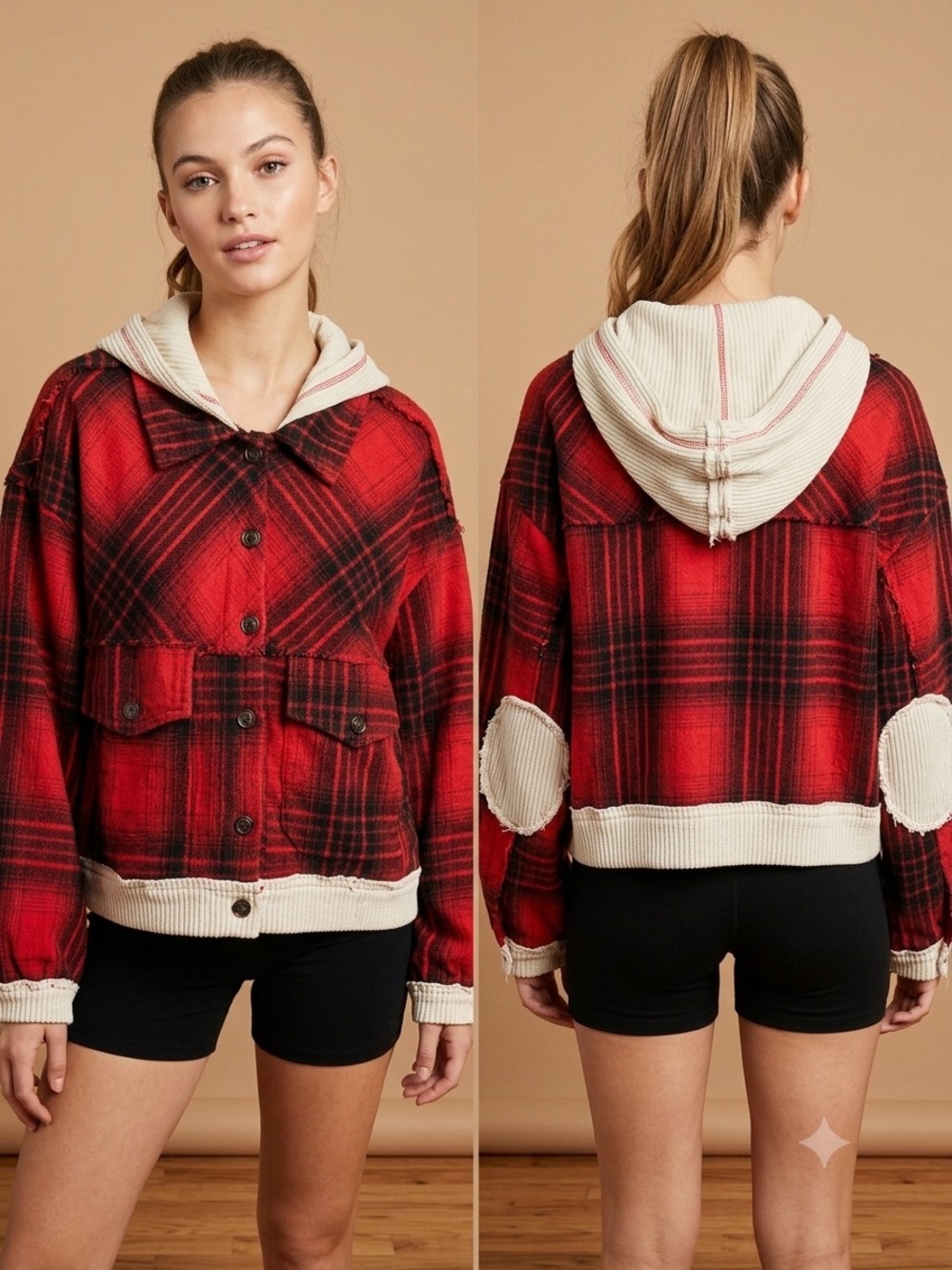 Red Plaid Hooded Button-Up Jacket with Cream Trim